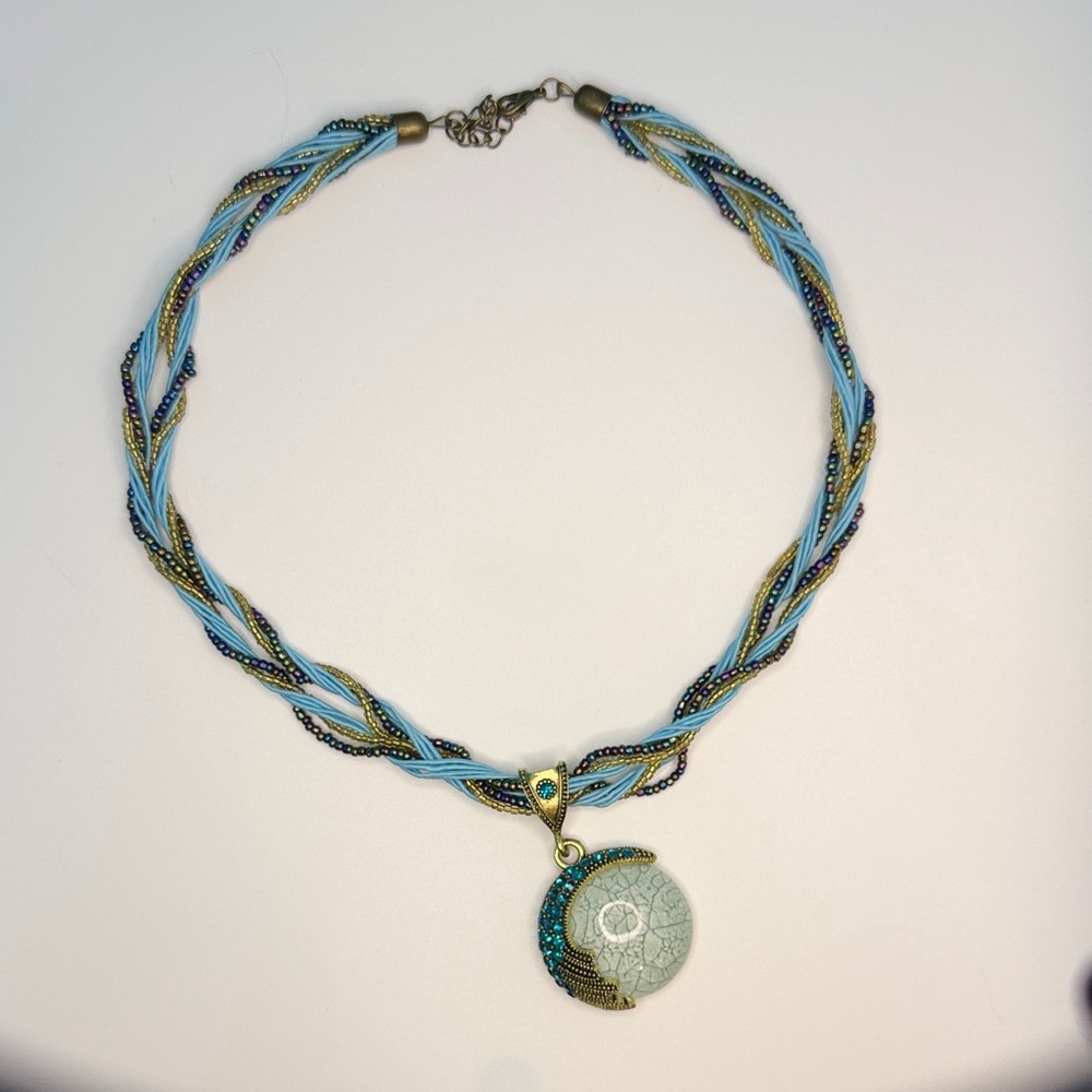 Braided Turquoise & Gold Pendant Necklace - Women Jewelry
